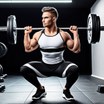 **A confident, athletic man in a form-fitting, two-tone (black and white) athletic set (top and leggings) doing squats in a modern gym. Focus on the lines of the clothing, highlighting a fit physique. Dynamic lighting.**