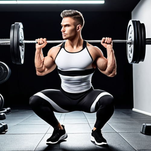 **A confident, athletic man in a form-fitting, two-tone (black and white) athletic set (top and leggings) doing squats in a modern gym. Focus on the lines of the clothing, highlighting a fit physique. Dynamic lighting.**