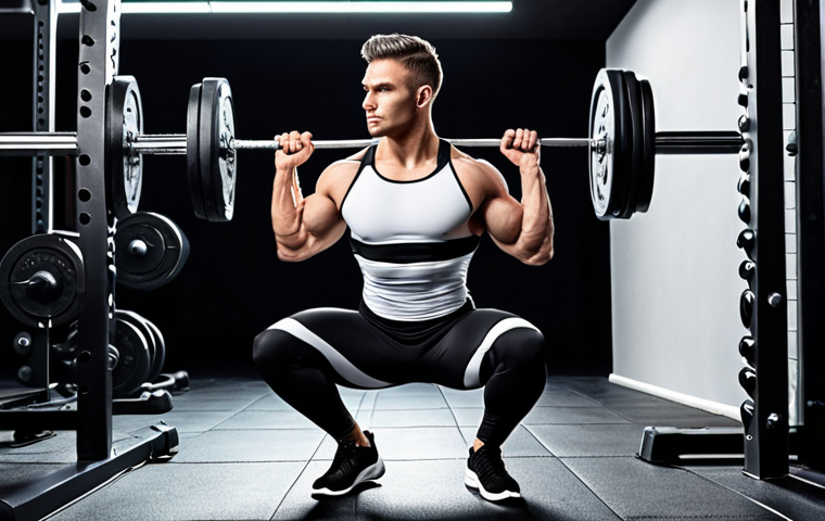 **A confident, athletic man in a form-fitting, two-tone (black and white) athletic set (top and leggings) doing squats in a modern gym. Focus on the lines of the clothing, highlighting a fit physique. Dynamic lighting.**
