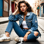 **

A woman in a distressed denim jacket, high-waisted jeans, and canvas sneakers, posing in a retro street style. The jacket has a vintage feel, showcasing worn details and a relaxed vibe.

**