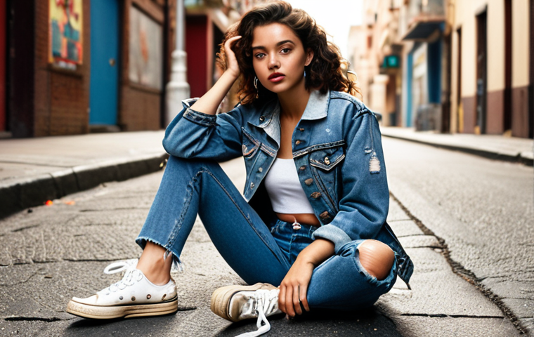 **

A woman in a distressed denim jacket, high-waisted jeans, and canvas sneakers, posing in a retro street style. The jacket has a vintage feel, showcasing worn details and a relaxed vibe.

**