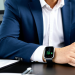 A professional man in a modest business suit, thoughtfully observing health metrics on his advanced smartwatch. The screen displays clear, easily readable data charts for heart rate and sleep analysis. He is seated at a clean, contemporary desk in a well-lit, spacious office environment, emphasizing personal wellness and efficient technology. The image showcases professional photography, high resolution, and intricate detail. fully clothed, appropriate attire, safe for work, perfect anatomy, correct proportions, natural pose, well-formed hands, proper finger count, natural body proportions, modest clothing, family-friendly.