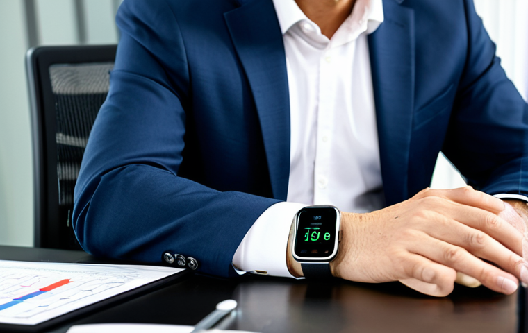 A professional man in a modest business suit, thoughtfully observing health metrics on his advanced smartwatch. The screen displays clear, easily readable data charts for heart rate and sleep analysis. He is seated at a clean, contemporary desk in a well-lit, spacious office environment, emphasizing personal wellness and efficient technology. The image showcases professional photography, high resolution, and intricate detail. fully clothed, appropriate attire, safe for work, perfect anatomy, correct proportions, natural pose, well-formed hands, proper finger count, natural body proportions, modest clothing, family-friendly.