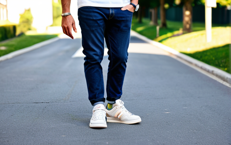 Casual Weekend Style**

A man walking down a sunny street on a weekend, wearing comfortable and stylish retro running shoes (e.g., New Balance 574 or Adidas Stan Smith), paired with jeans and a casual t-shirt. The scene should be relaxed and approachable. Emphasize the details of the shoes and the overall casual outfit. Natural lighting, safe for work, appropriate content, fully clothed, professional, modest, family-friendly, perfect anatomy, correct proportions, natural pose, well-formed hands, proper finger count, natural body proportions.

**