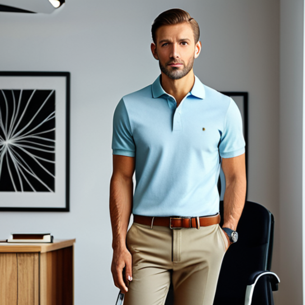 **

"A stylish man in a fitted, modest cotton knit polo shirt, paired with tailored khaki pants, standing in a modern, well-lit office environment, safe for work, appropriate content, fully clothed, professional attire, perfect anatomy, correct proportions, natural pose, high-quality rendering, professional lighting."

**