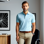 **

"A stylish man in a fitted, modest cotton knit polo shirt, paired with tailored khaki pants, standing in a modern, well-lit office environment, safe for work, appropriate content, fully clothed, professional attire, perfect anatomy, correct proportions, natural pose, high-quality rendering, professional lighting."

**