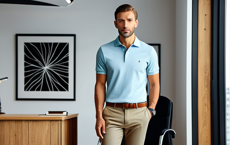 **

"A stylish man in a fitted, modest cotton knit polo shirt, paired with tailored khaki pants, standing in a modern, well-lit office environment, safe for work, appropriate content, fully clothed, professional attire, perfect anatomy, correct proportions, natural pose, high-quality rendering, professional lighting."

**